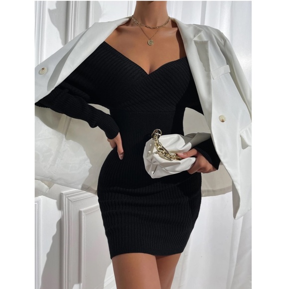 Black Off Shoulder V-Neck Rib Knit Sweater Mini Short Dress Long Sleeve - Picture 4 of 9